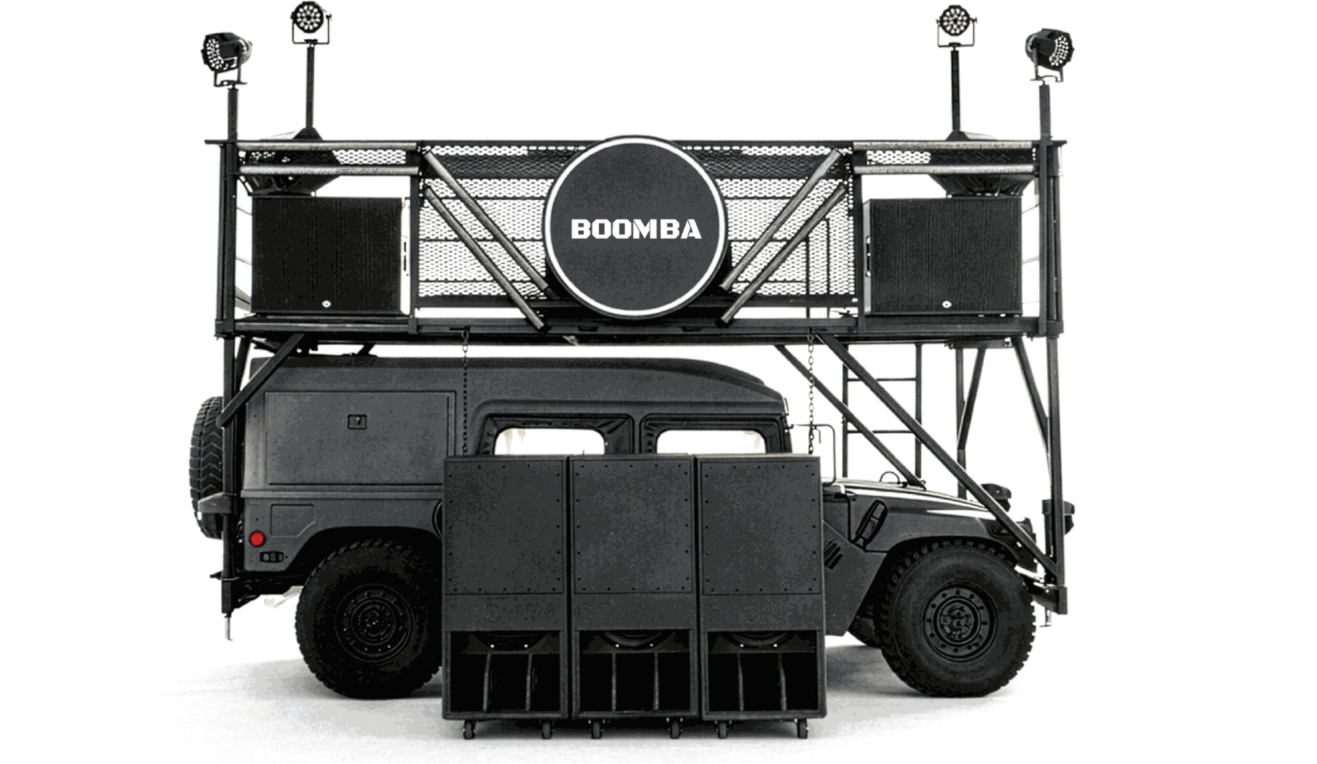 BOOMBA rig design render with elevated stage, speakers, and lighting