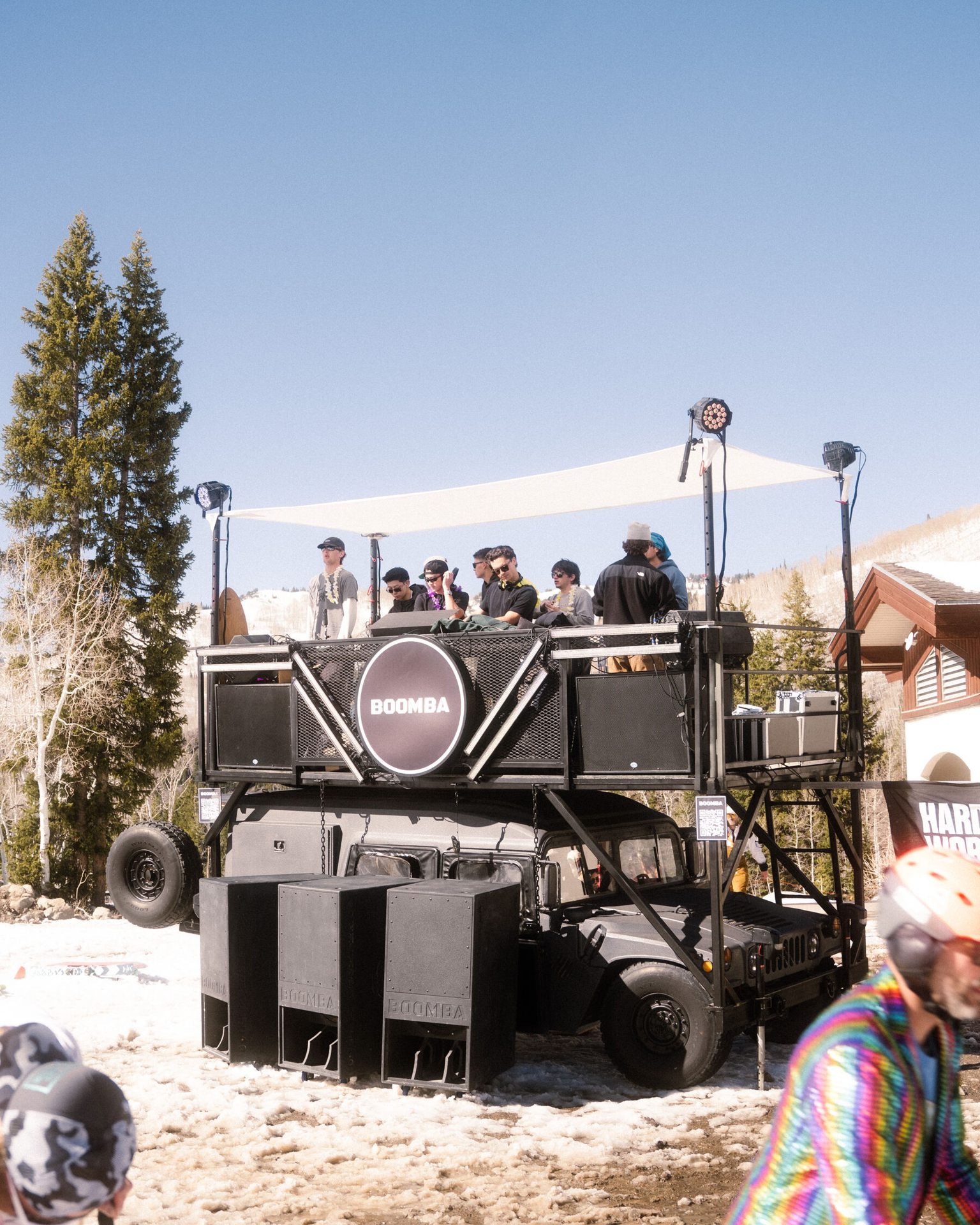 The BOOMBA soundcar parked on a snowy ski run