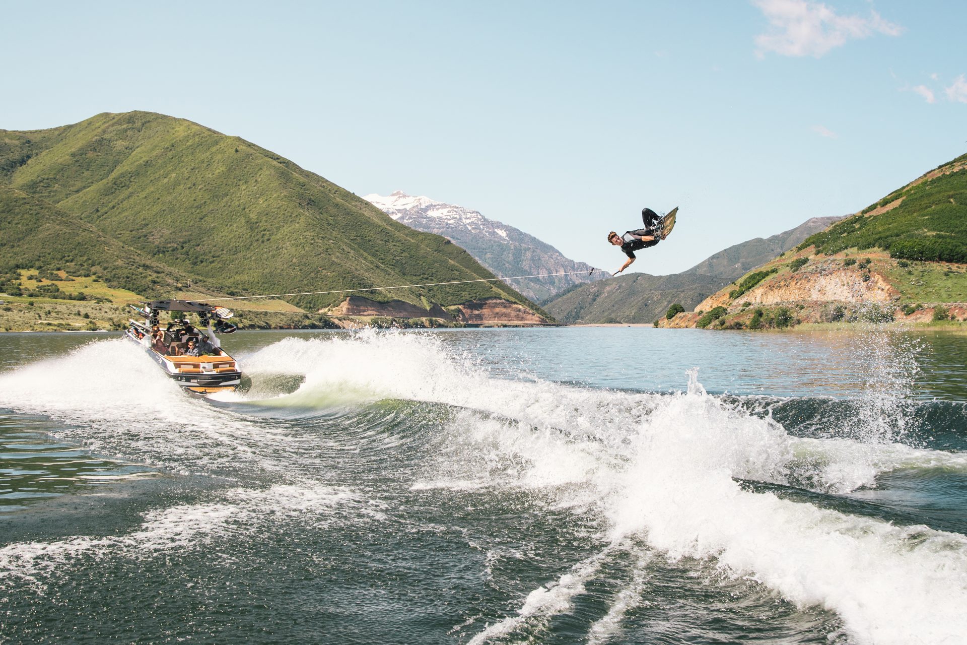 Malibu Boats with mountains behind